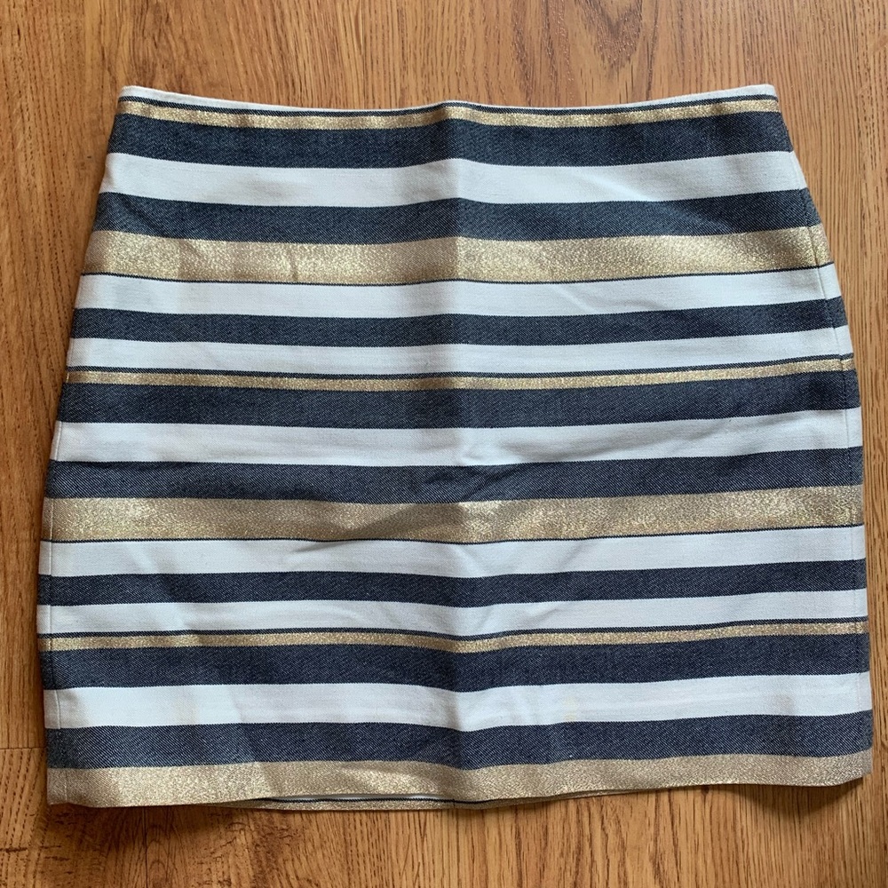 J. Crew mini skirt, size 2, blue, white and gold stripes
